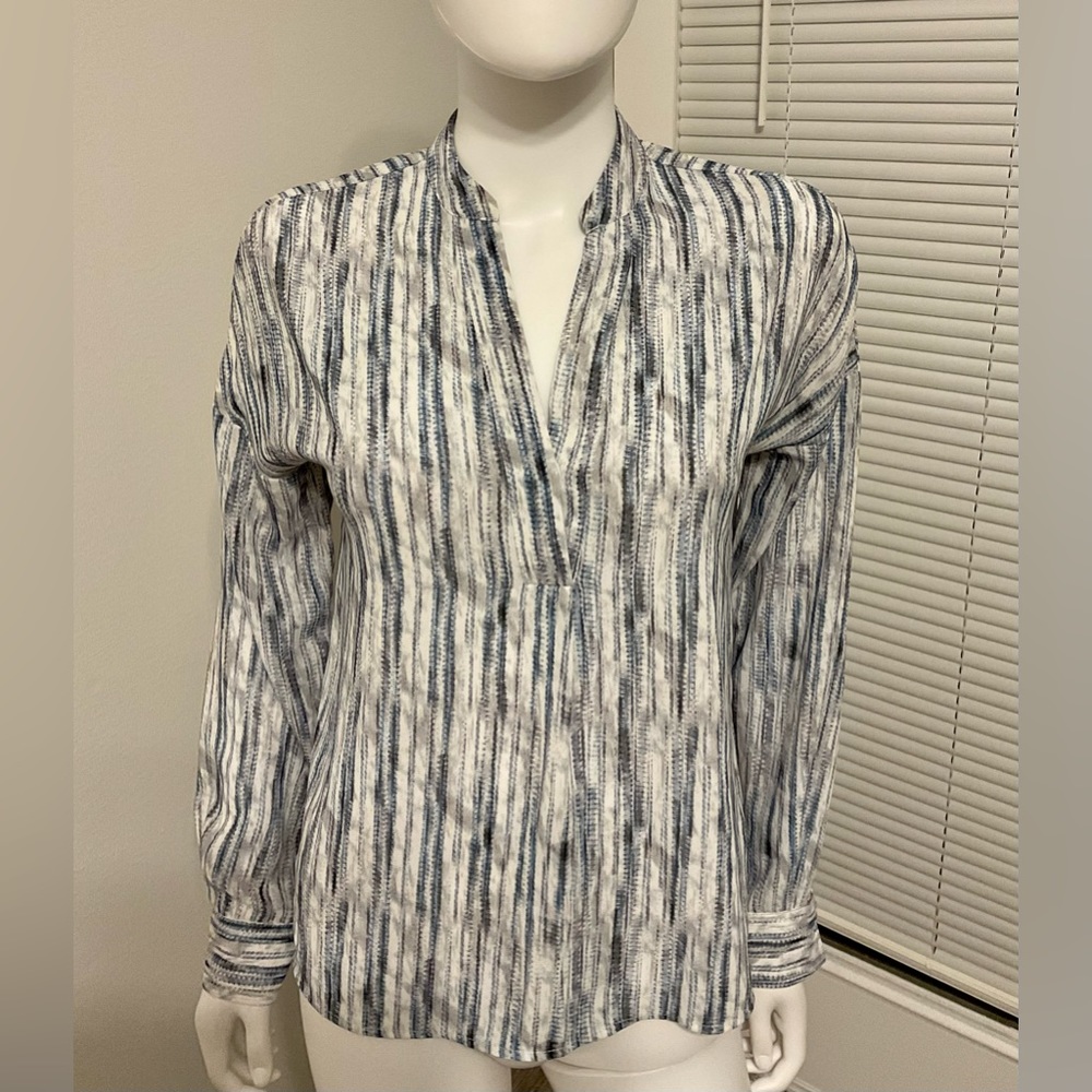 Kenar.  grey-blue vertical striped blouse.  stand collar .  size - XS